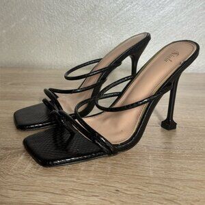 SHEIN Size40 US9.5 Square Ring Toe Stiletto Heel Mules Snackeskin Leather Sandal